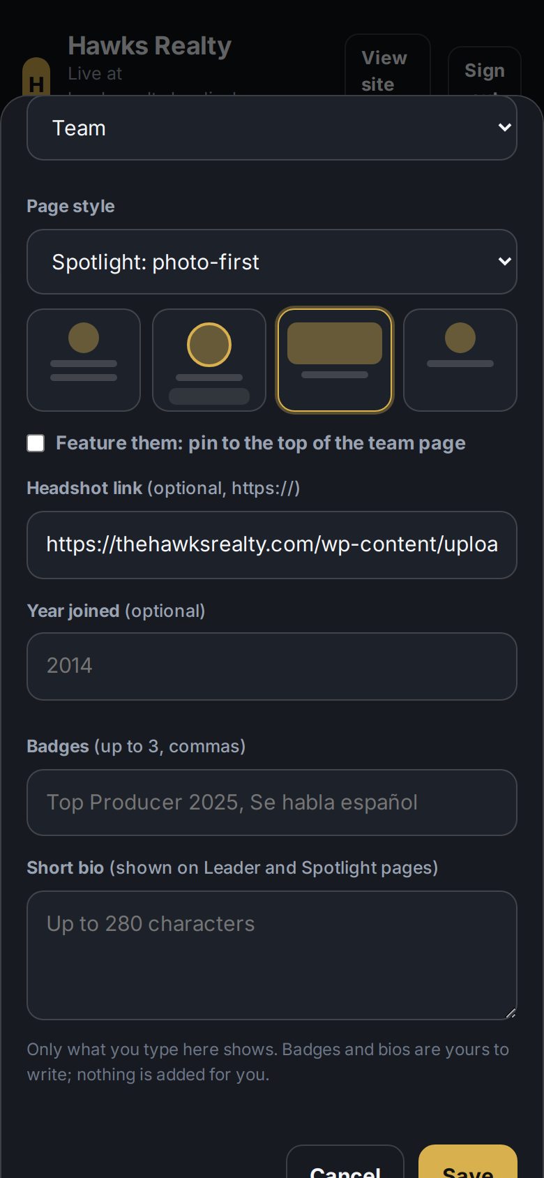 An agent's page being set up in the admin, side by side with the live page