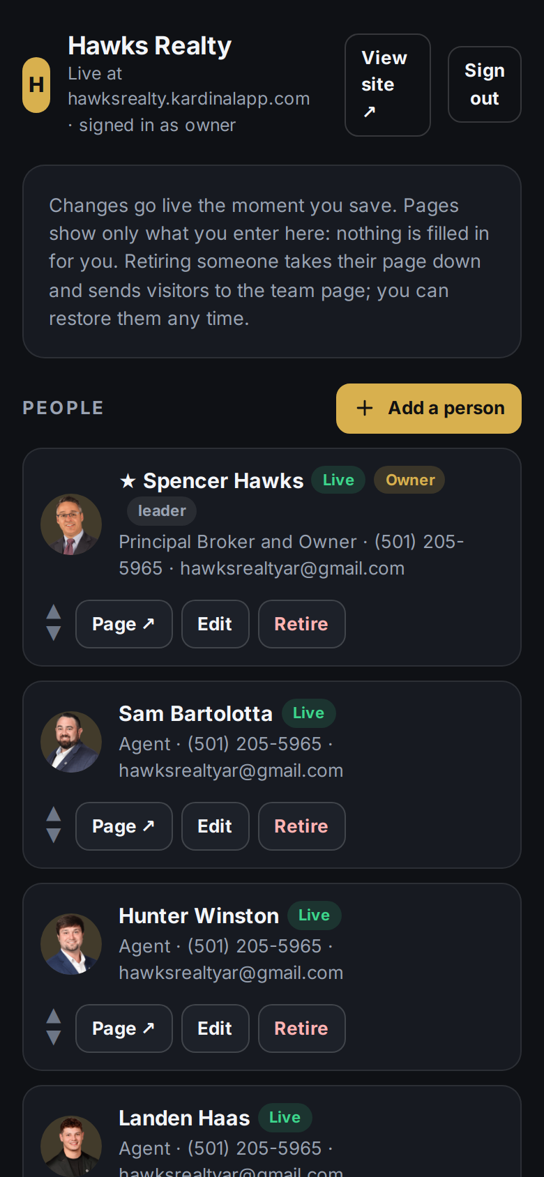 The Hawks Realty admin roster with every agent listed
