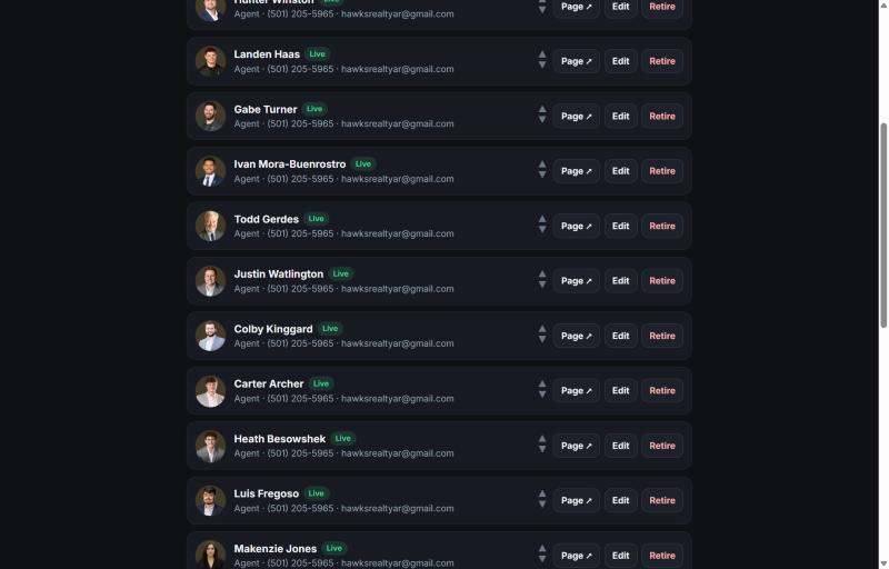 Admin roster on a laptop, showing agents with Live badges